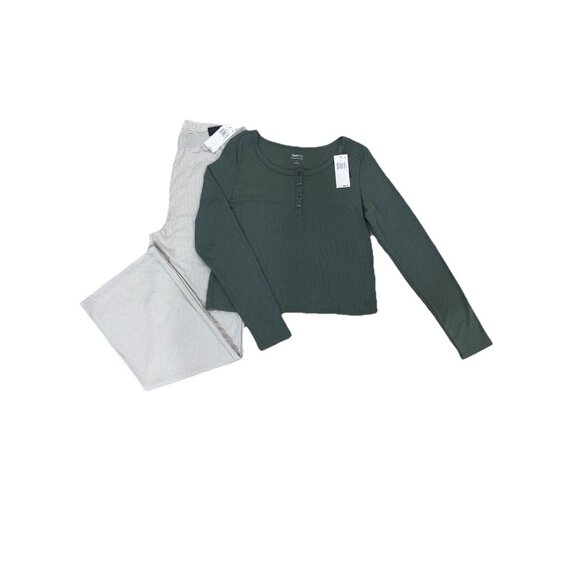 GAP Body Women’s Lounge Sleep Set L Green Top & Gray Pants Ribbed Soft Pajama - Picture 2 of 10